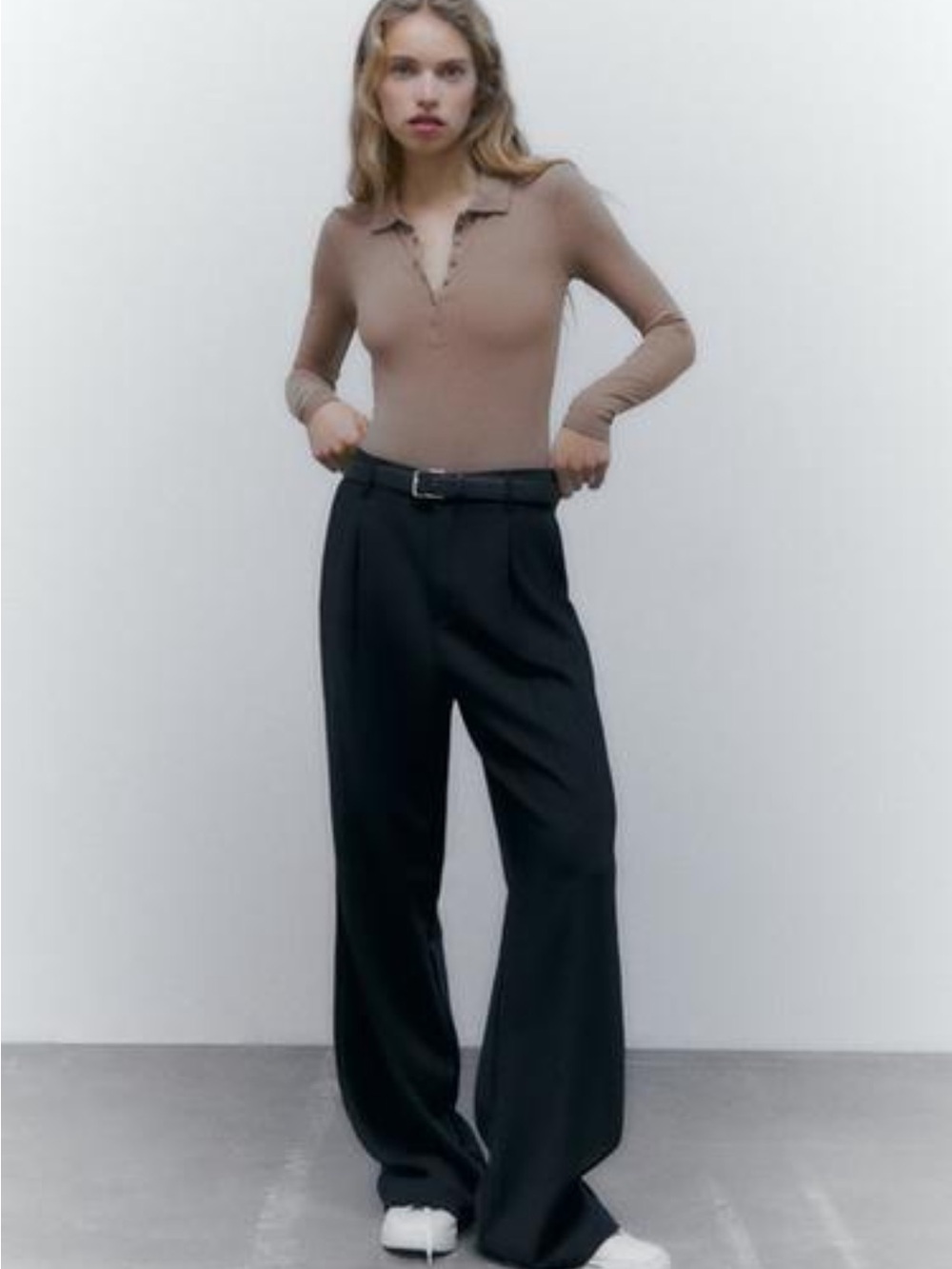 Zara Taupe Ribbed Polo Bodysuit